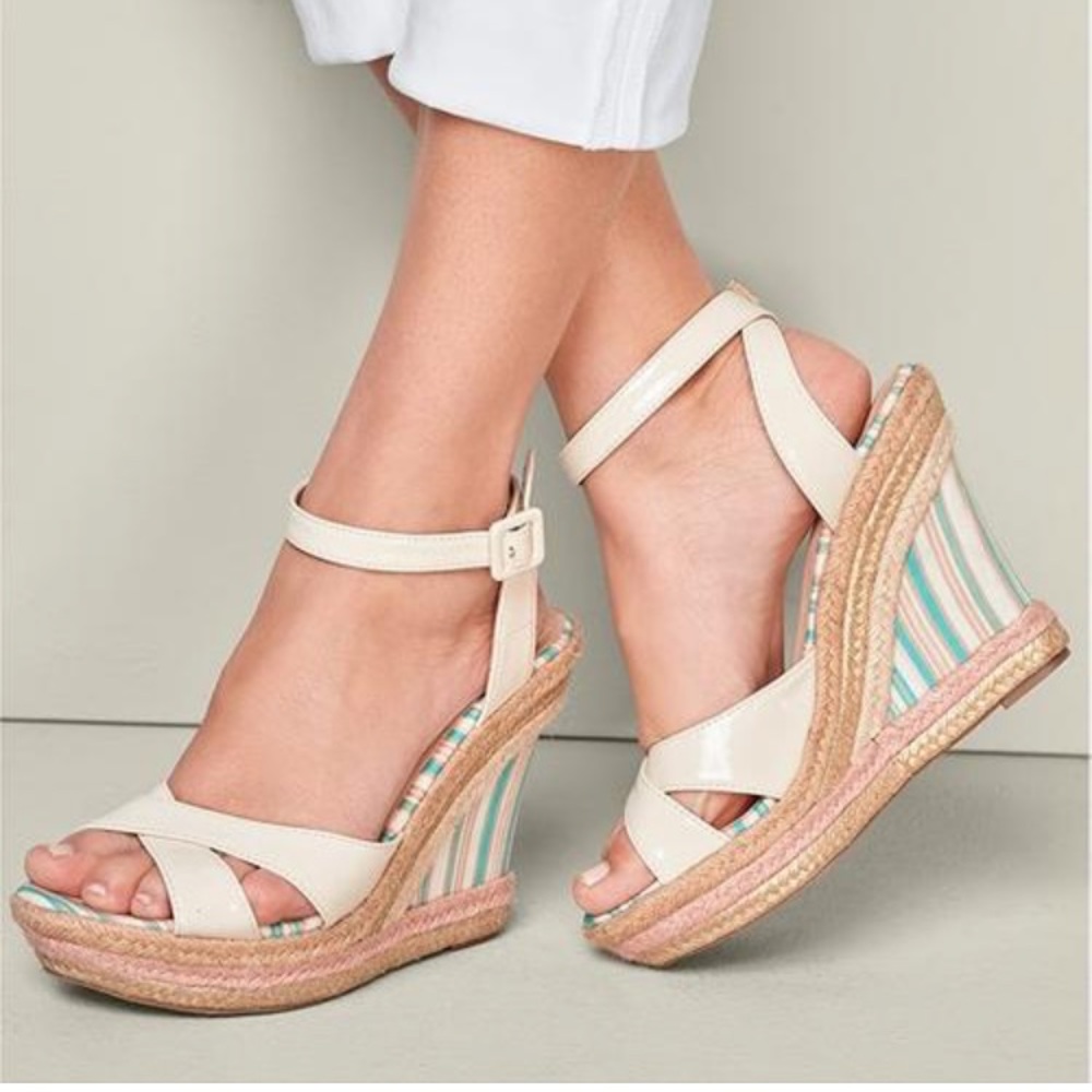 Wedges summer heels size 7.5 espadrille white/blue - Picture 2 of 10